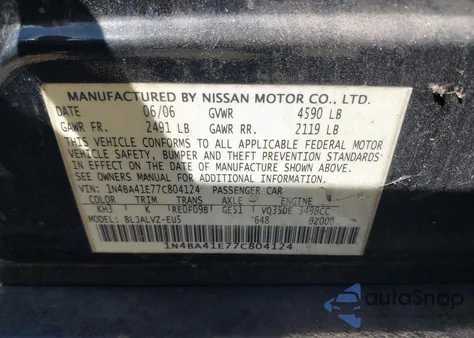 2007 Nissan Maxima 3.5 Se z USA, uszkodzony, nr VIN 1N4BA41E77C804124